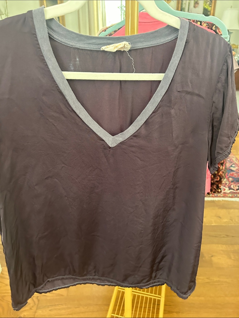 Nation LTD Deep Plum/soft black V-Neck Short Sleeve Top with Heather Trim